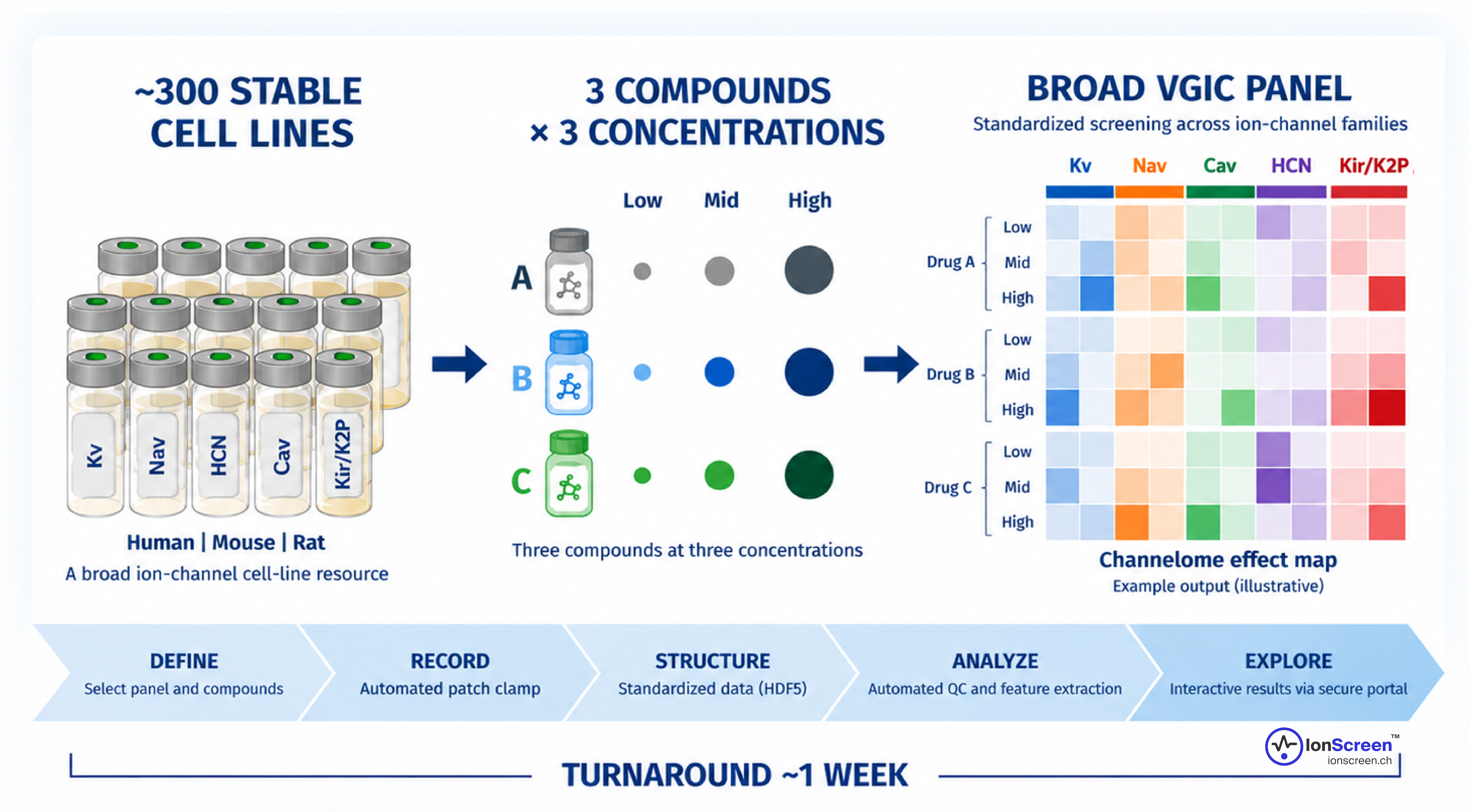 IonScreen workflow showing approximately 300 stable cell lines, three compounds at three concentrations, broad VGIC screening, standardized analysis and approximately one-week turnaround